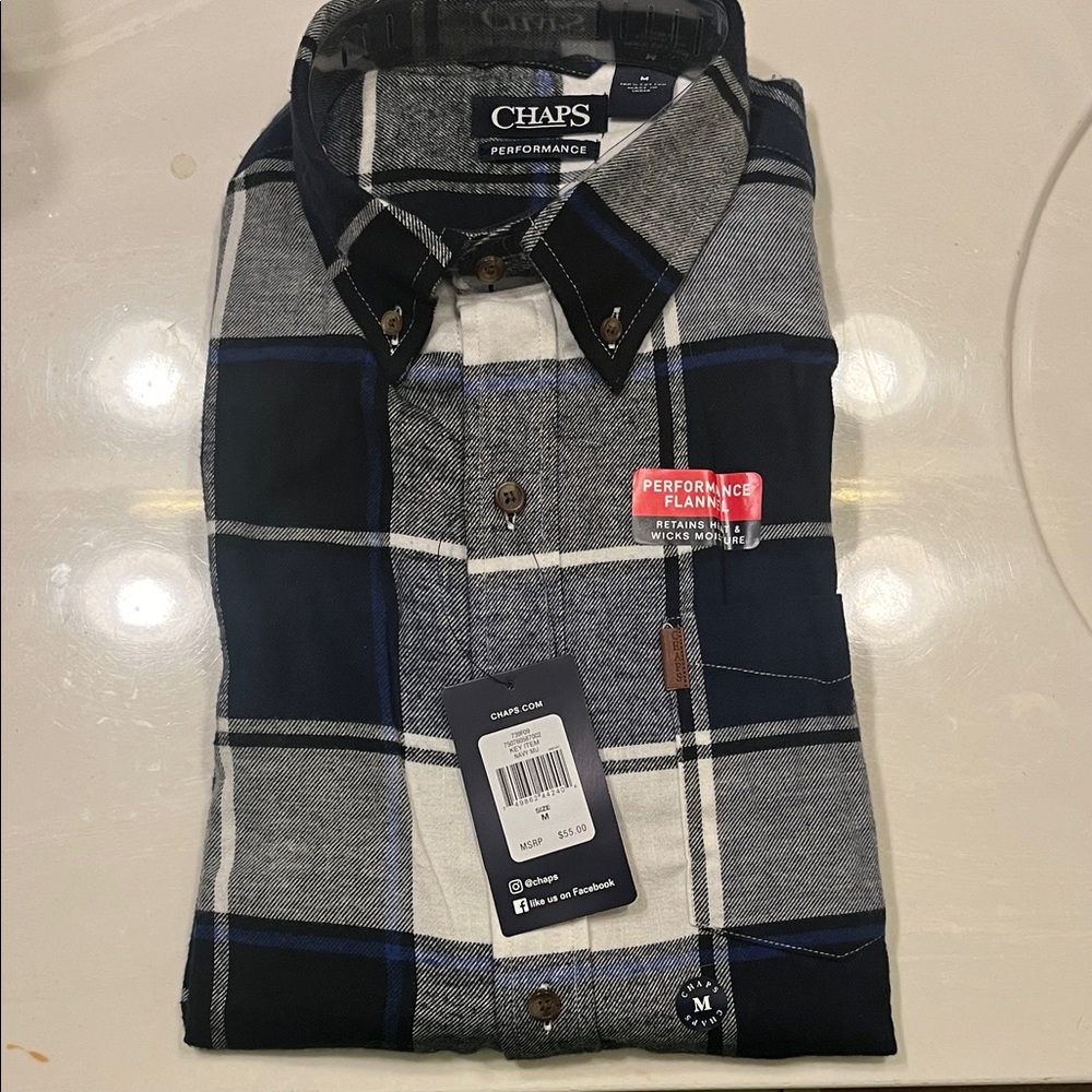 Chaps Men's Navy and Gray Plaid Button Down Shirt-Flannel